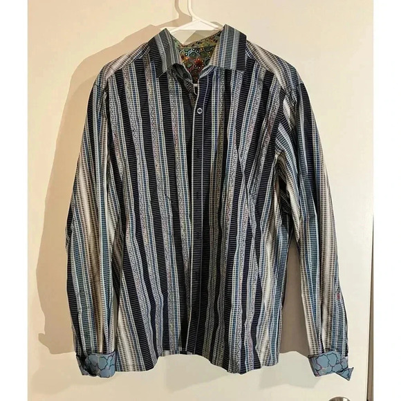 Robert Graham Flip Cuff Mens Shirt L Blue Gray White Embroidered Contrast Trim